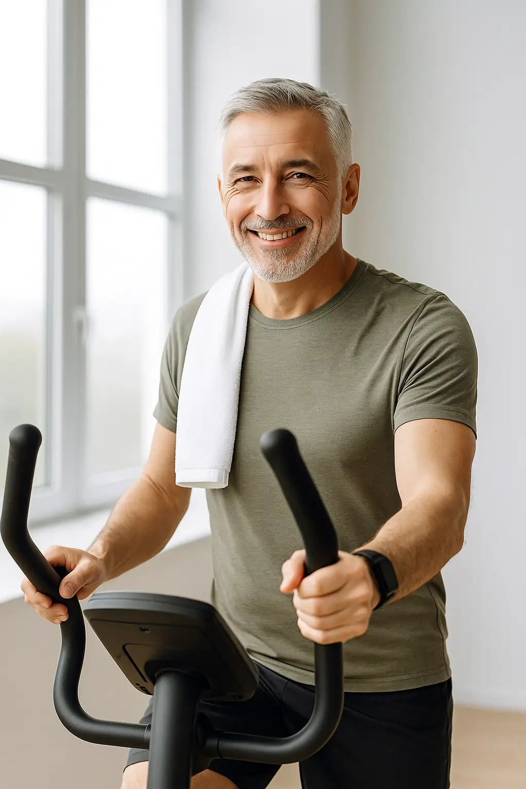 Sportlicher älterer Mann mit grauen Haaren auf einem Crosstrainer